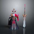 Horned Mythical Character With Red Black Attire And Ornate Golden Pink Decorative Sword