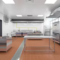 Commercial Kitchen Interior With Stainless Steel Worktables Tile Floor And Ventilation System