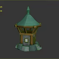 3D Modeled Cartoon Building With Teal Pointed Roof Wooden Structure Stone Base And Small Window