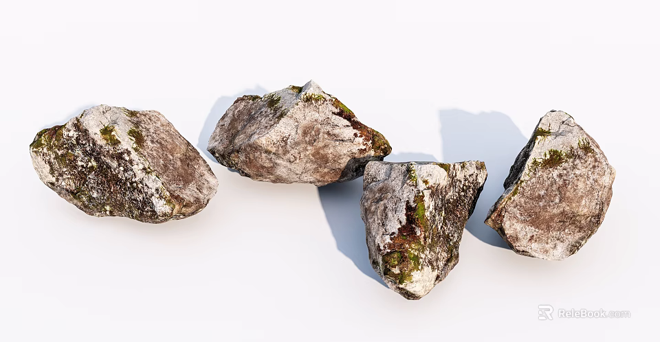 Natural Stone And Wood Elements With Mossy Textures For Home Design 3d model 