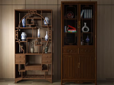 Wooden Curio Cabinets With Traditional Design Circular Cutout Glass Doors Blue White Porcelain Vases Books 3d model