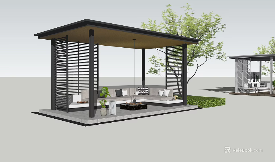 Modern Outdoor Gazebo With Black Frame Open Design Seating Area Sofas Plants And Trees 3d model 