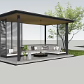Modern Outdoor Gazebo With Black Frame Open Design Seating Area Sofas Plants And Trees 3d model