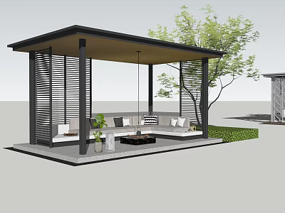 Modern Outdoor Gazebo With Black Frame Open Design Seating Area Sofas Plants And Trees 3d model