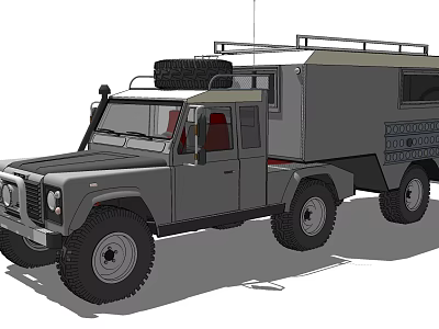 Modified Off Road Car With Roof Rack Spare Tire And Camper Trailer 3d model