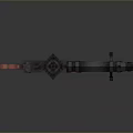 Modern Mechanical Weapon Featuring Red Components And Metal Stand Structure