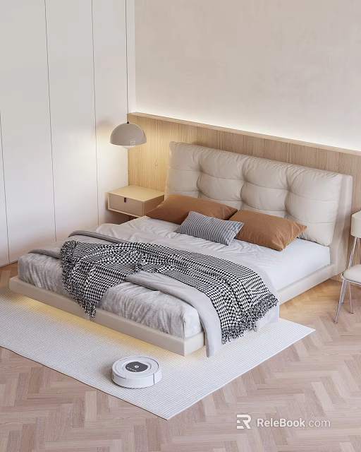 Double Bed With Wooden Padded Headboard Brown Gray Pillows Checkered Blanket Bedside Table And Lamp 3d model 