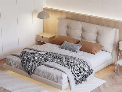 Double Bed With Wooden Padded Headboard Brown Gray Pillows Checkered Blanket Bedside Table And Lamp 3d model