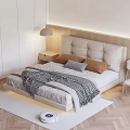 Double Bed With Wooden Padded Headboard Brown Gray Pillows Checkered Blanket Bedside Table And Lamp