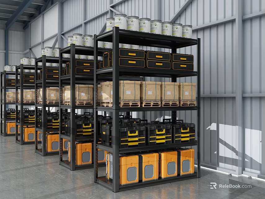 Industrial Warehouse Storage Racks With Multiple Shelves Holding Cans Boxes And Yellow Striped Bins 3d model 