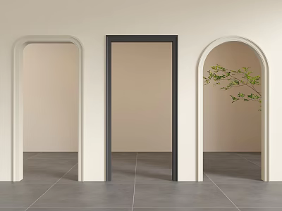 Arched And Rectangular Door Components In Modern Interior With Gray Flooring And Green Plant 3d model