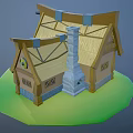 Cartoon Style House with Straw Roof Wooden Structure Barrels Steps and Green Grass