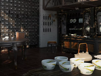 Traditional Chinese Specialty Store With Wooden Drawers Ceramic Bowls Teapot And Display Cabinets 3d model