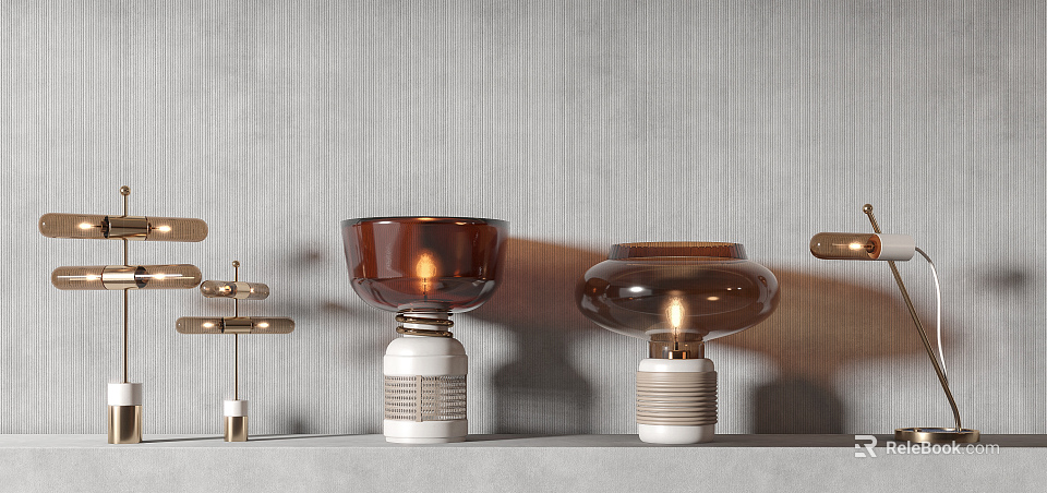 Modern Table Lamps With Brown Shades And White Striped Bases On Gray Striped Shelf 3d model 