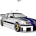 Silver Racing Car With Blue Black Stripes Modified Wheels And Rear Spoiler