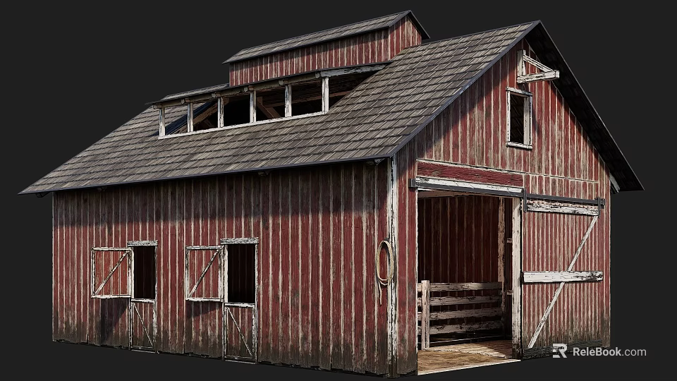 Rustic Red Barn Building Featuring Wooden Structure Sloped Roof Classic Windows And Open Doors 3d model 