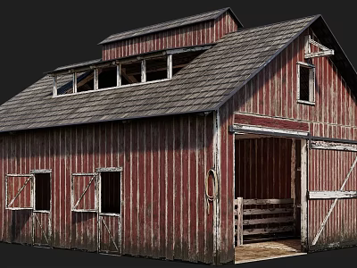 Rustic Red Barn Building Featuring Wooden Structure Sloped Roof Classic Windows And Open Doors 3d model