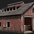 Rustic Red Barn Building Featuring Wooden Structure Sloped Roof Classic Windows And Open Doors