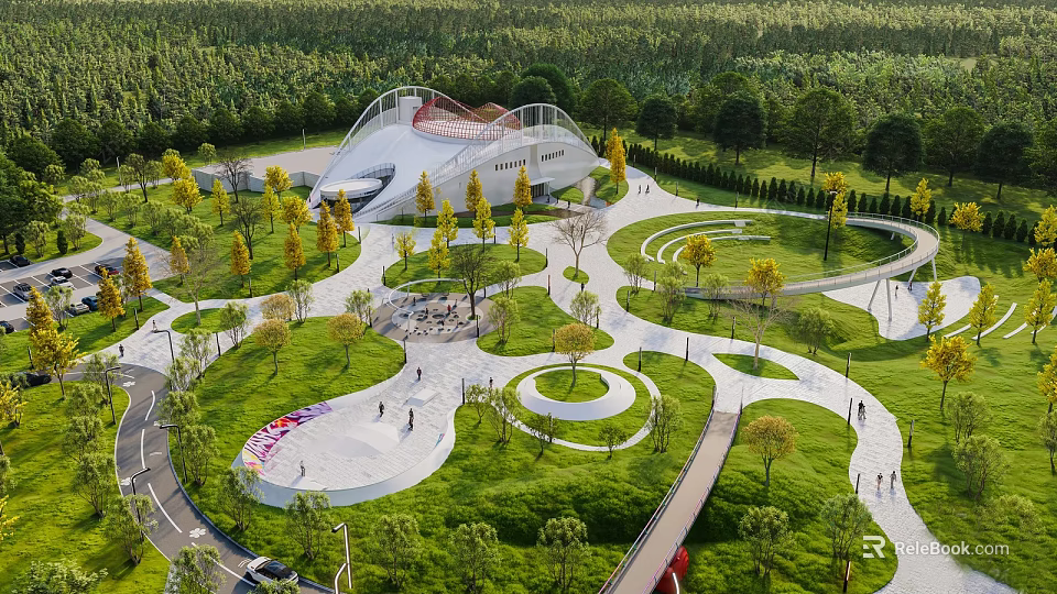 Modern Park Landscape With Curved White Building Green Lawns Winding Paths And Trees 3d model