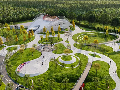 Modern Park Landscape With Curved White Building Green Lawns Winding Paths And Trees 3d model