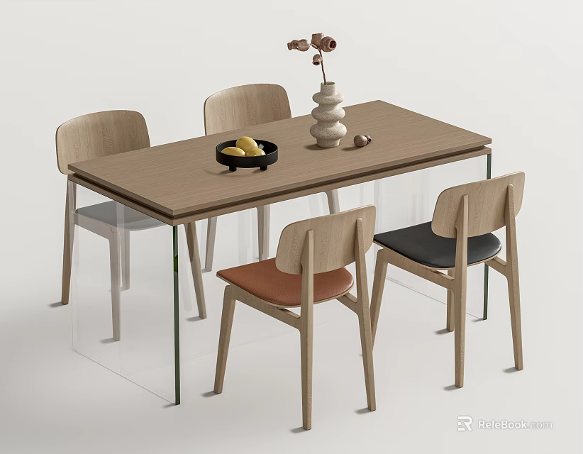 Modern Wooden Dining Table Set With Four Chairs Vase Flowers And Fruit Bowl 3d model 