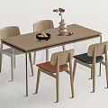 Modern Wooden Dining Table Set With Four Chairs Vase Flowers And Fruit Bowl