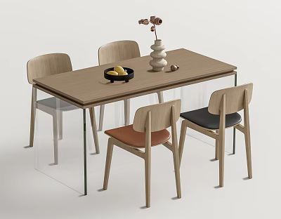 Modern Wooden Dining Table Set With Four Chairs Vase Flowers And Fruit Bowl 3d model