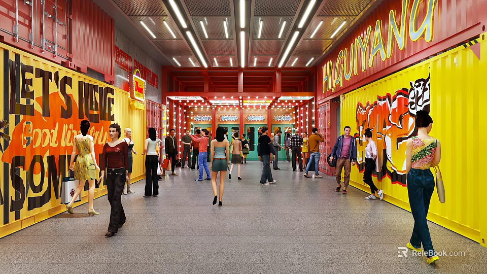 Vibrant Commercial Street With Colorful Storefronts Crowded Pedestrians Bright Lighting And Graffiti Art 3d model 
