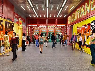Vibrant Commercial Street With Colorful Storefronts Crowded Pedestrians Bright Lighting And Graffiti Art 3d model