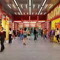 Vibrant Commercial Street With Colorful Storefronts Crowded Pedestrians Bright Lighting And Graffiti Art