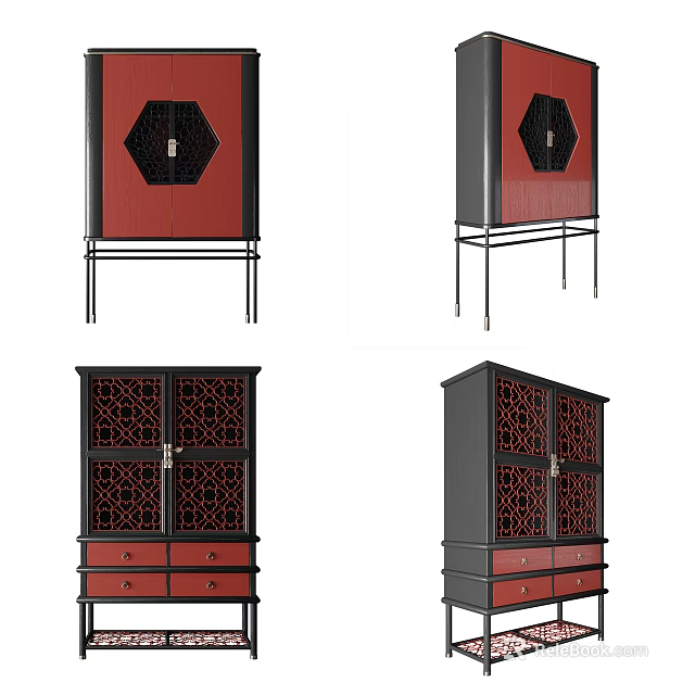 Elegant Chinese Style Wine Cabinet With Lattice Design Red Black Drawers And Doors 3d model 