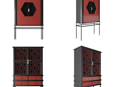 Elegant Chinese Style Wine Cabinet With Lattice Design Red Black Drawers And Doors 3d model