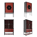 Elegant Chinese Style Wine Cabinet With Lattice Design Red Black Drawers And Doors