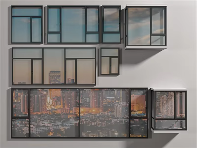 Multiple Framed Window Panels Showing City Day And Night Urban Scenes 3d model