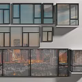 Multiple Framed Window Panels Showing City Day And Night Urban Scenes