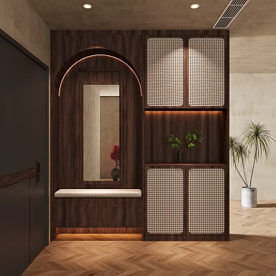 Dark Wooden Shoe Cabinet With Arched Mirror Lattice Doors Bench Lighting And Potted Plants 3d model