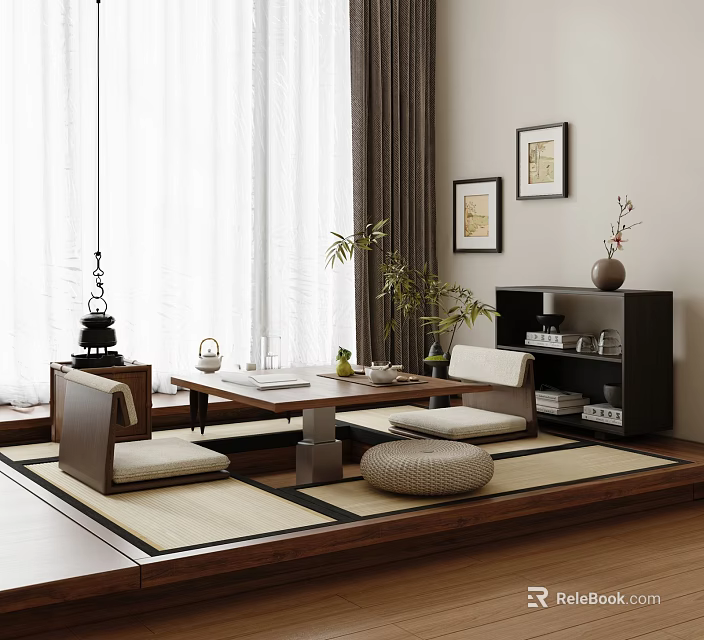 Japanese Tea Table and Chairs with Tatami Mats Tea Set Potted Plants and Framed Art 3d model 