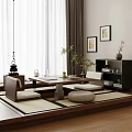 Japanese Tea Table and Chairs with Tatami Mats Tea Set Potted Plants and Framed Art