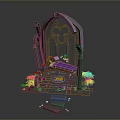 Enchanting Fantasy Landscape With Gothic Arch Purple Bed Green Plants And Floating Steps