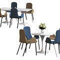 Modern Dining Table Set Featuring Round Rectangular Tables Blue Brown Chairs And Flower Vase 3d model