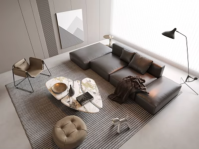 Modern Gray L-shaped Sofa and Coffee Table Set With Marble Top Cushions and Floor Lamp 3d model