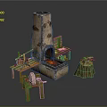 Rustic Workshop Scene Components With Stone Fireplace Wooden Tables Spinning Wheel And Tools