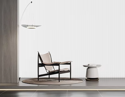 Modern Accent Chair In Minimalist Interior With Round Rug Side Table And Hanging Lamp 3d model
