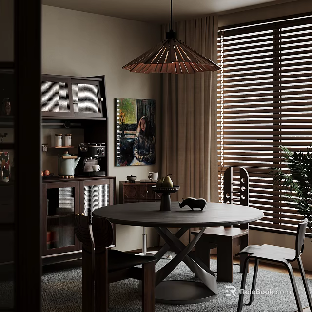 Cozy Restaurant Interior With Round Dining Table Dark Cabinets Pendant Light Blinds And Green Plant 3d model 