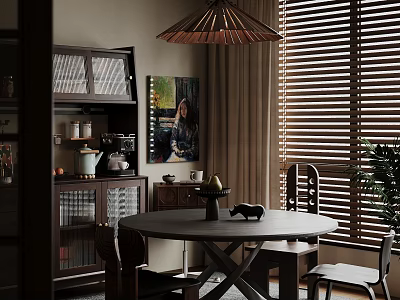 Cozy Restaurant Interior With Round Dining Table Dark Cabinets Pendant Light Blinds And Green Plant 3d model