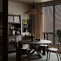 Cozy Restaurant Interior With Round Dining Table Dark Cabinets Pendant Light Blinds And Green Plant