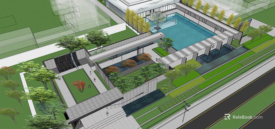 Modern Garden Landscape Design Featuring Pool Greenery Pathway and Covered Walkway 3d model