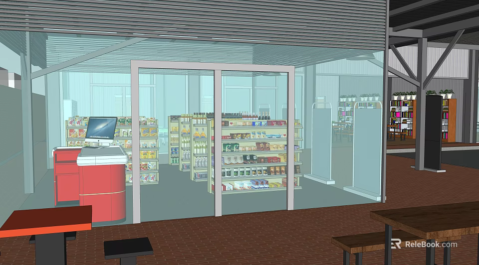 Modern Supermarket Department Store Interior With Open Shelves Product Displays Checkout Counter And Glass Doors 3d model 