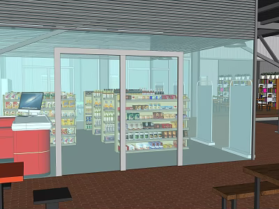 Modern Supermarket Department Store Interior With Open Shelves Product Displays Checkout Counter And Glass Doors 3d model