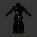 Long Black Leather Coat With Metal Buttons And Belt For Daily Use